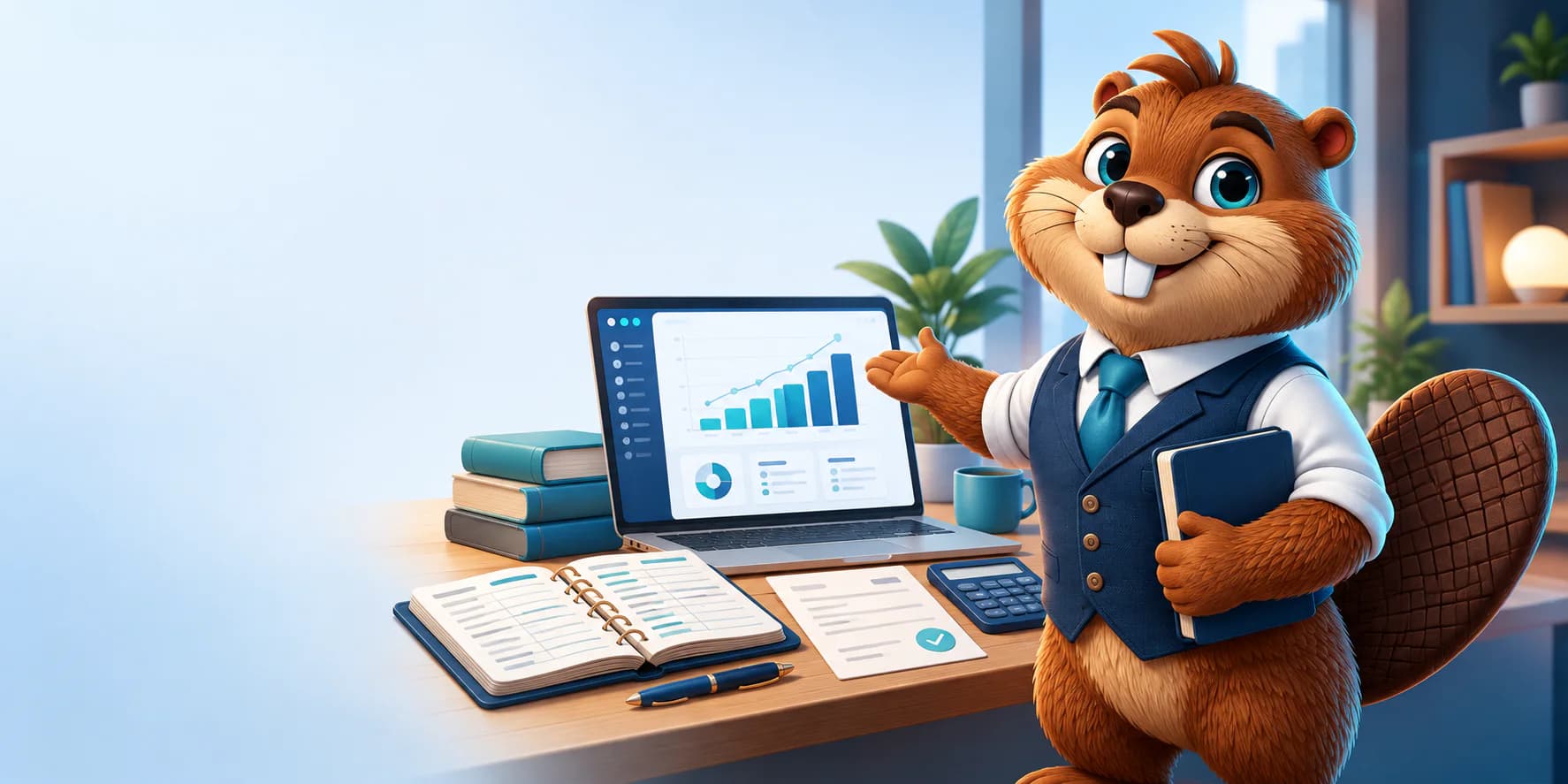 Balance Beaver naast een boekhoudwerkplek met facturen, een rekenmachine en een voortgangsdashboard.